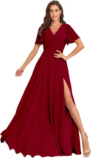Women's V Neck Bridesmaid Dresses for Wedding with Sleeves Long Chiffon Formal Evening Gown with Pockets