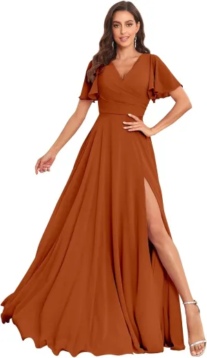 Women's V Neck Bridesmaid Dresses for Wedding with Sleeves Long Chiffon Formal Evening Gown with Pockets