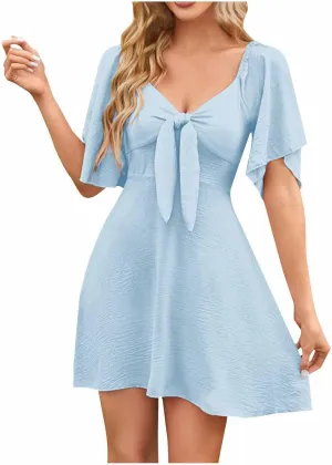 Womens V Neck Flutter Short Sleeve Mini Dress Summer A Line Pleated Lace Up Flowy Boho Beach Vacation Short Dresses
