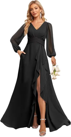 Women's V Neck Ruffle Lantern Sleeve Bridesmaid Dresses with Slit Long Pleated Chiffon Formal Dress with Pockets