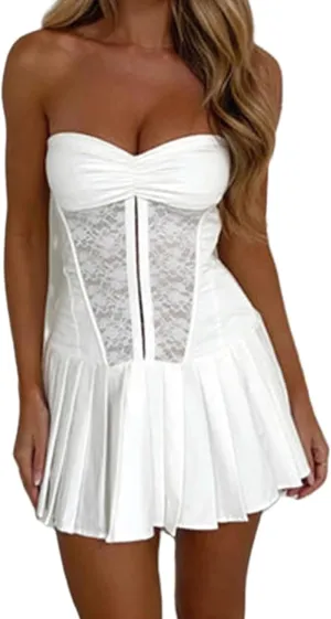 Women's Y2k Summer Flowy Short Dress Sleeveless Spaghetti Strap Backless Low Cut Ruffle Hem Mini Corset Dress