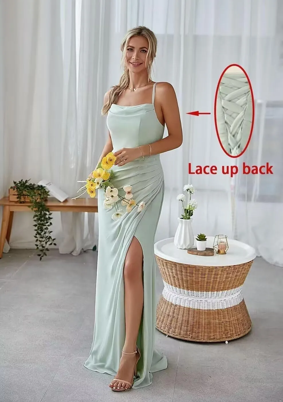 YAUTKA Spaghetti Strap Bridesmaid Dresses for Wedding Long Chiffon Ruffled Formal Evening Party Gown with Slit