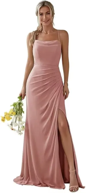 YAUTKA Spaghetti Strap Bridesmaid Dresses for Wedding Long Chiffon Ruffled Formal Evening Party Gown with Slit