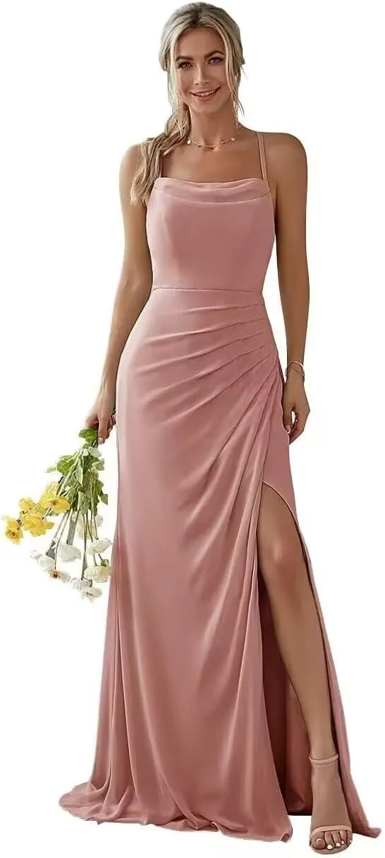 YAUTKA Spaghetti Strap Bridesmaid Dresses for Wedding Long Chiffon Ruffled Formal Evening Party Gown with Slit