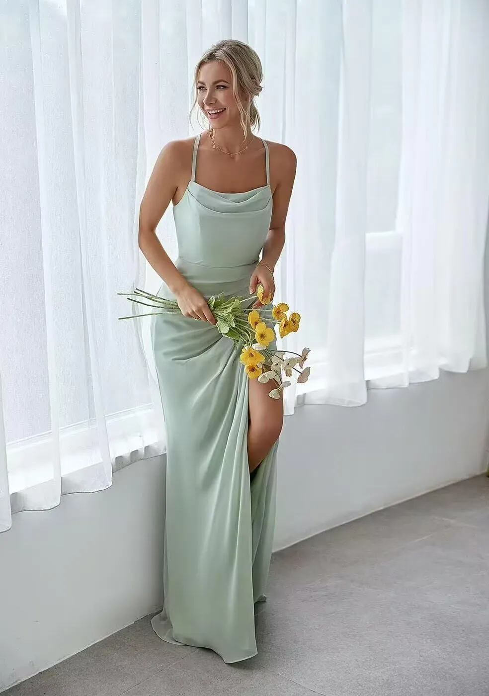 YAUTKA Spaghetti Strap Bridesmaid Dresses for Wedding Long Chiffon Ruffled Formal Evening Party Gown with Slit