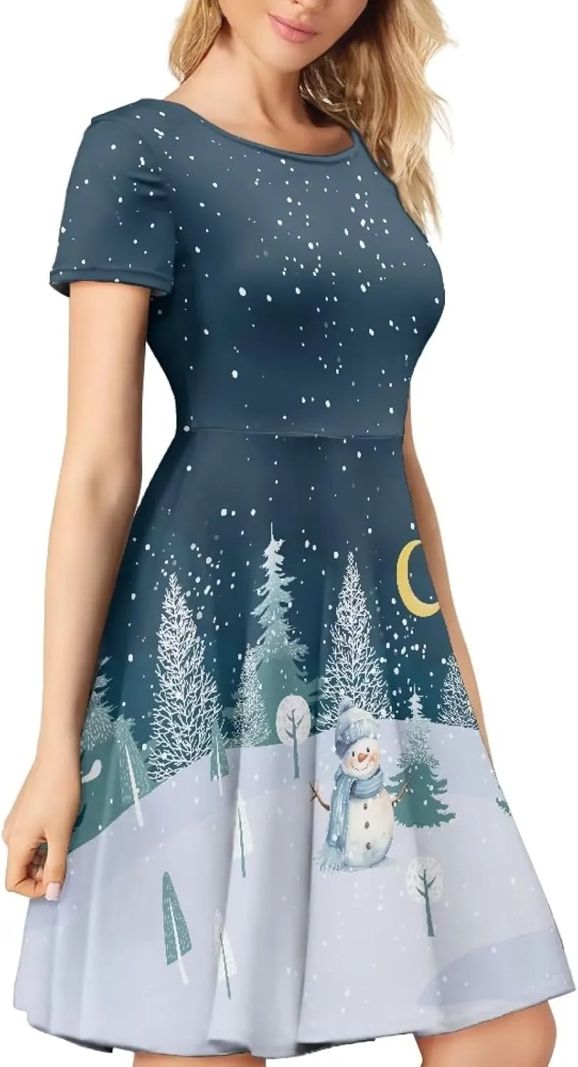 Yewattles Print One-Piece Dress Fall Dresses for Women Casual Short Sleeve Round Neck Midi Dress Swing Sundresses S-4XL