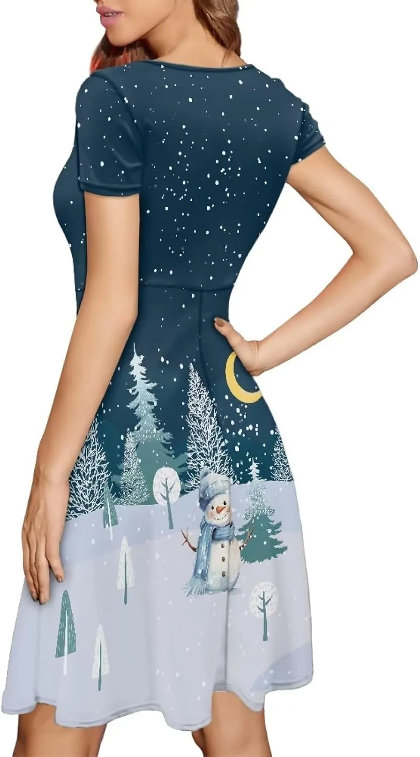 Yewattles Print One-Piece Dress Fall Dresses for Women Casual Short Sleeve Round Neck Midi Dress Swing Sundresses S-4XL