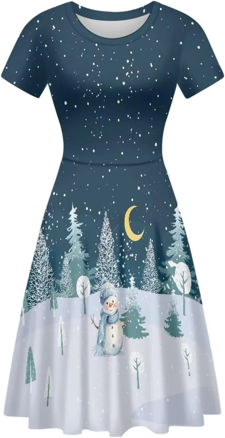 Yewattles Print One-Piece Dress Fall Dresses for Women Casual Short Sleeve Round Neck Midi Dress Swing Sundresses S-4XL