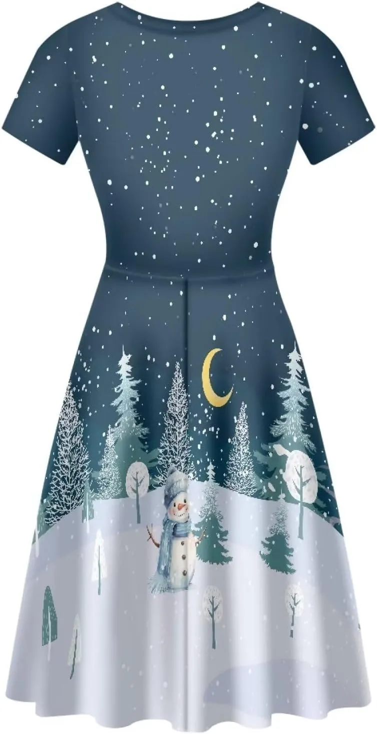 Yewattles Print One-Piece Dress Fall Dresses for Women Casual Short Sleeve Round Neck Midi Dress Swing Sundresses S-4XL