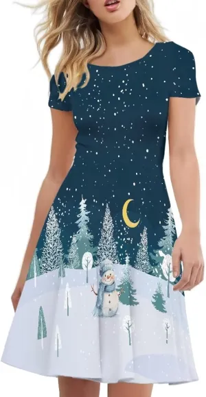 Yewattles Print One-Piece Dress Fall Dresses for Women Casual Short Sleeve Round Neck Midi Dress Swing Sundresses S-4XL
