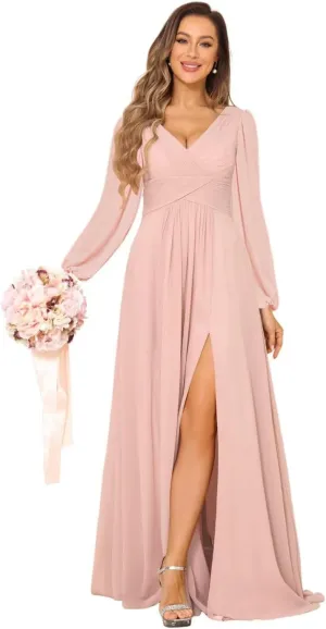 YMSHA Chiffon Pleated Bridesmaid Dresses with Slit Long Sleeve Formal Party Dress with Pockets YMS381