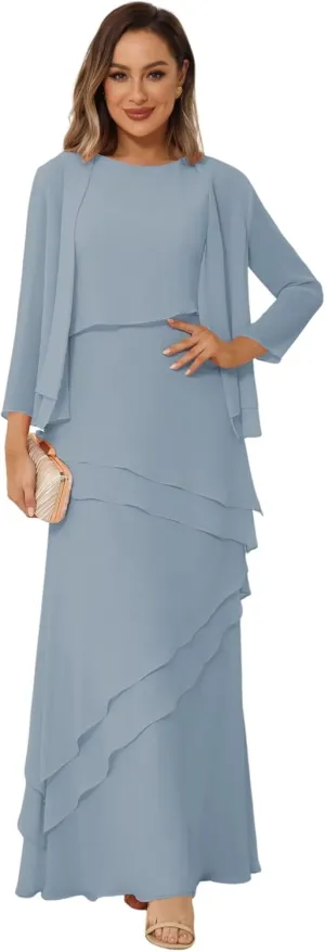 YOFF 2 Pieces Mother of The Bride Dresses with Jacket Long Sleeve Chiffon Long Formal Dress with Ruffles YO169