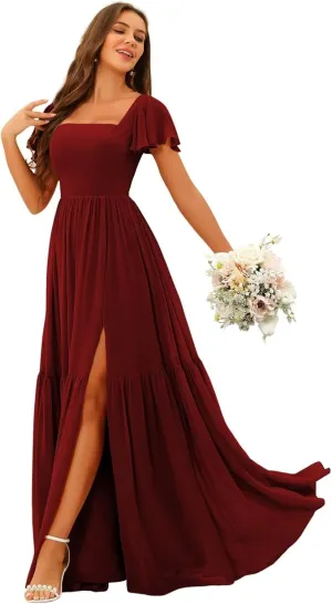YOFF Square Neck Bridesmaid Dresses with Slit Flutter Sleeves Chiffon Long Maxi Formal Party Dresses with Pockets YO151