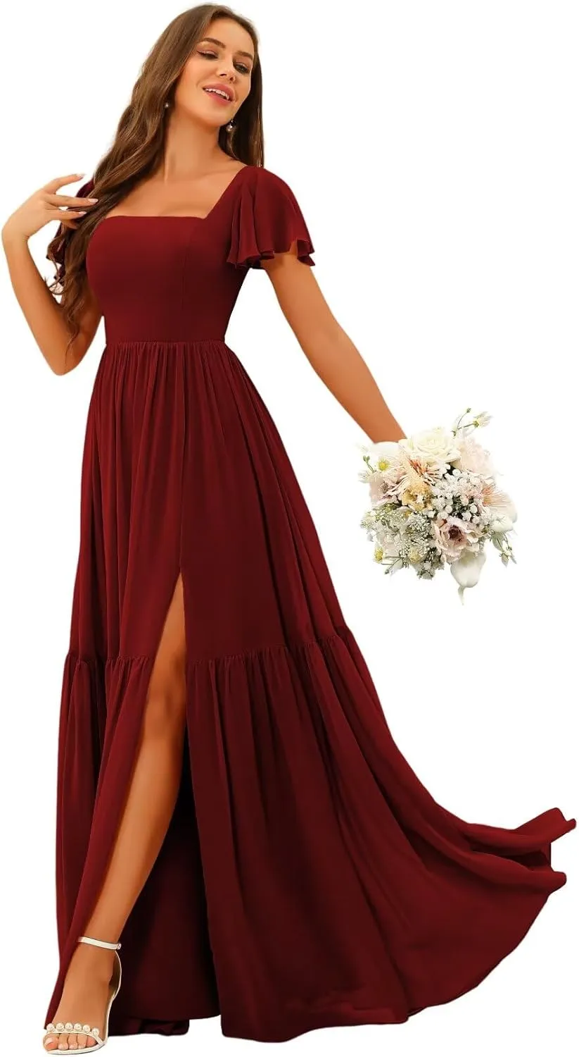 YOFF Square Neck Bridesmaid Dresses with Slit Flutter Sleeves Chiffon Long Maxi Formal Party Dresses with Pockets YO151