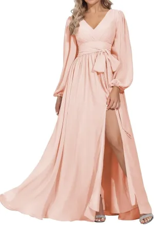 YRGERATON Long Sleeve Wedding Bridesmaid Dresses V-Neck Flowy Chiffon Formal Evening Prom Gown with Slit