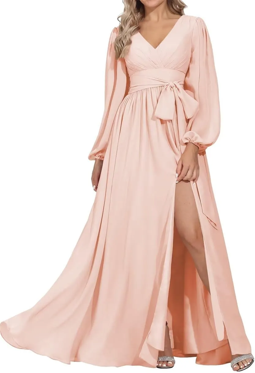 YRGERATON Long Sleeve Wedding Bridesmaid Dresses V-Neck Flowy Chiffon Formal Evening Prom Gown with Slit