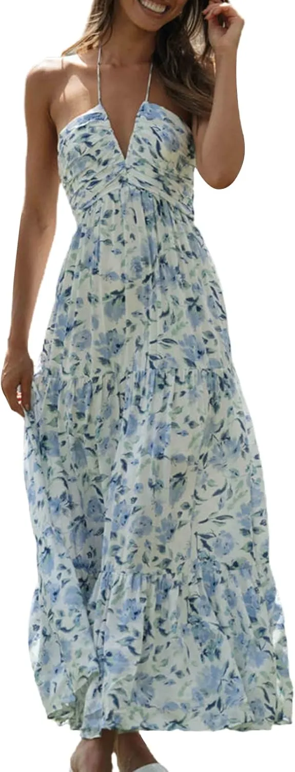 Yuemengxuan Women Flowy Summer Dresses Backless Ruched Sleeveless Dress Ruffle Sexy 2025 A-Line Mini Sundresses