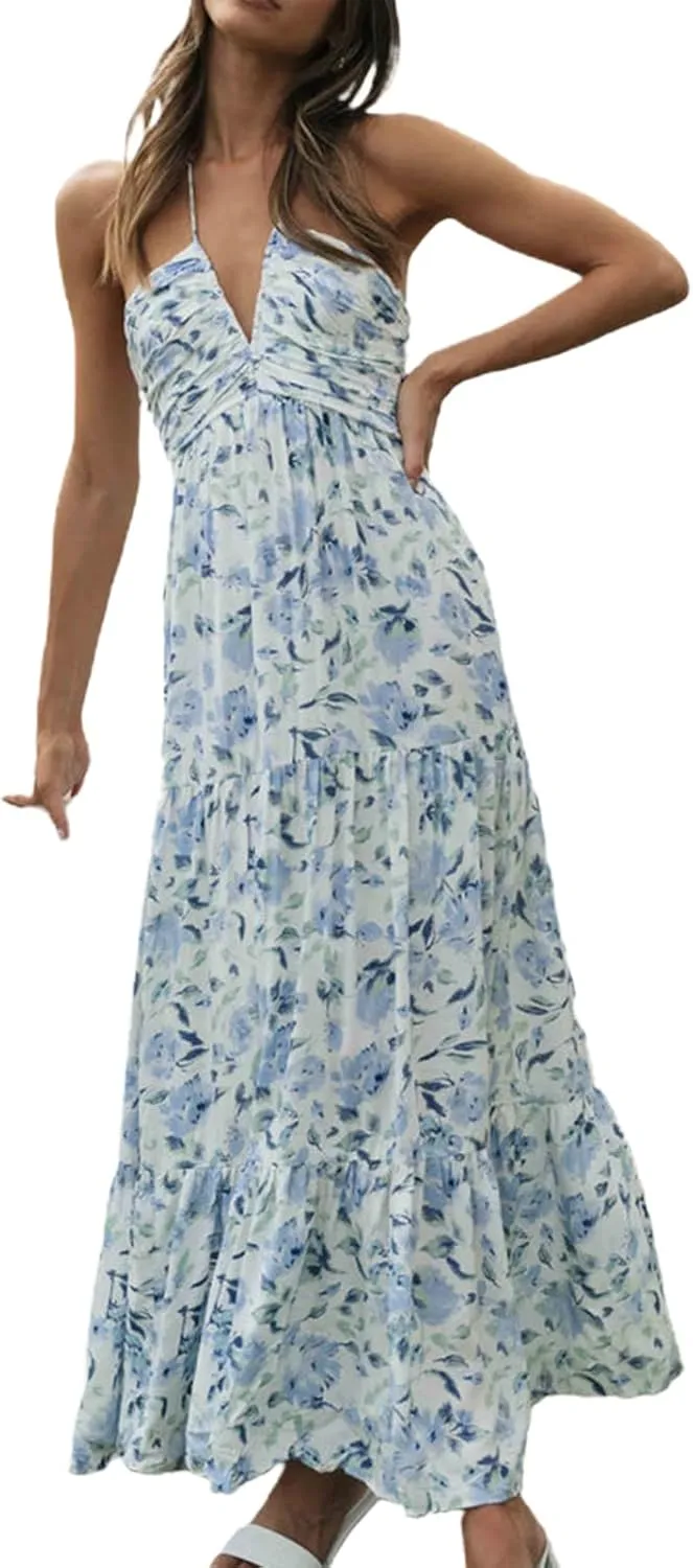 Yuemengxuan Women Flowy Summer Dresses Backless Ruched Sleeveless Dress Ruffle Sexy 2025 A-Line Mini Sundresses