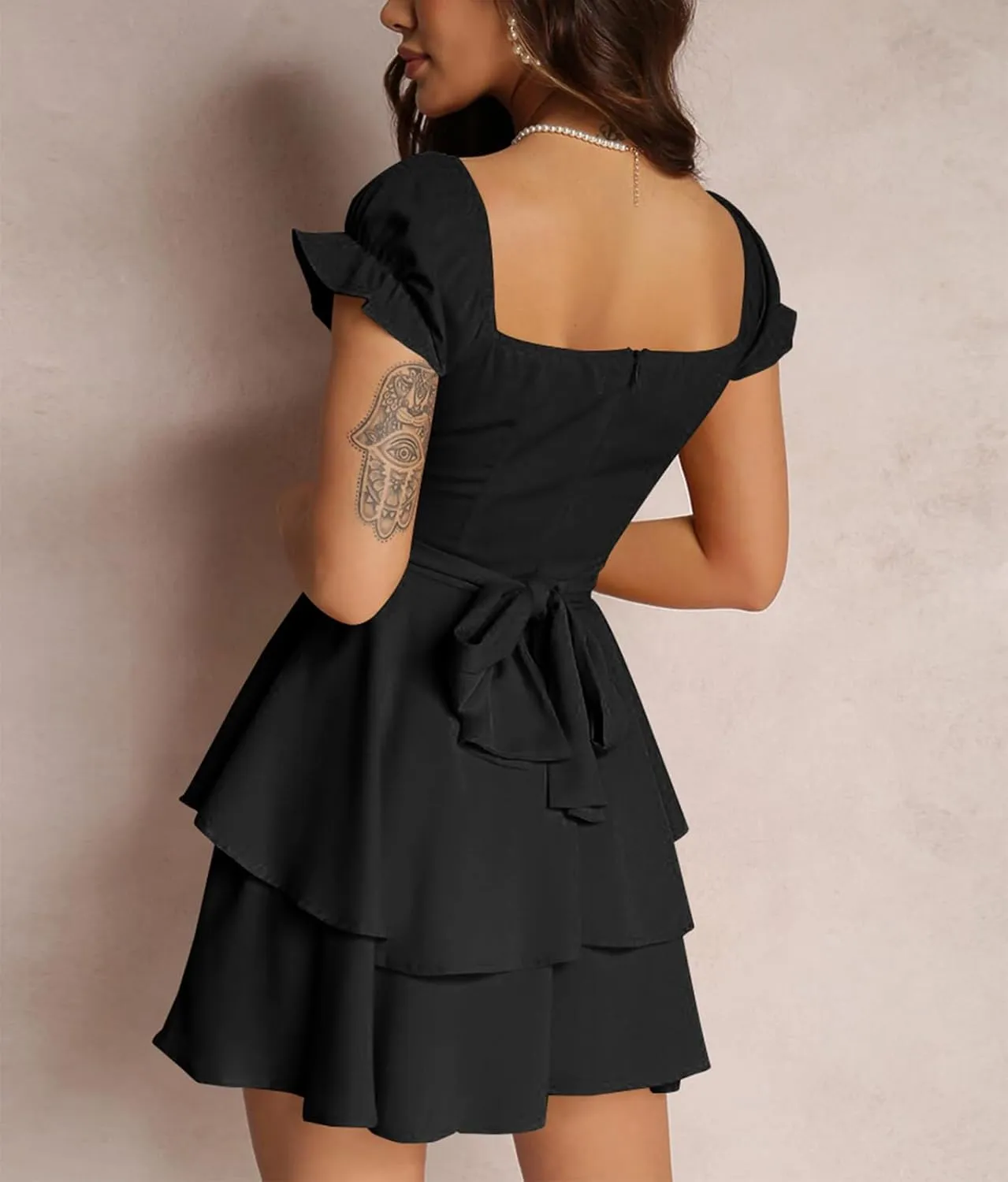 Yuemengxuan Women Summer Dresses 2025 Square Neck Ruched Ruffle Mini Dress Layered Tie Back Flowy Graduation Dress