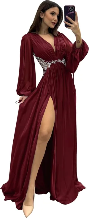 Yuxin Long Sleeve Bridesmaid Dresses with Slit V Neck Chiffon A Line Lace Pleated Formal Evening Gowns 978
