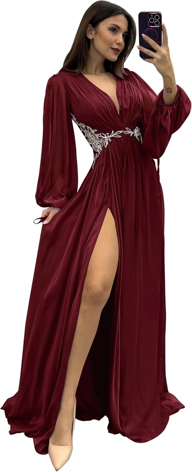 Yuxin Long Sleeve Bridesmaid Dresses with Slit V Neck Chiffon A Line Lace Pleated Formal Evening Gowns 978