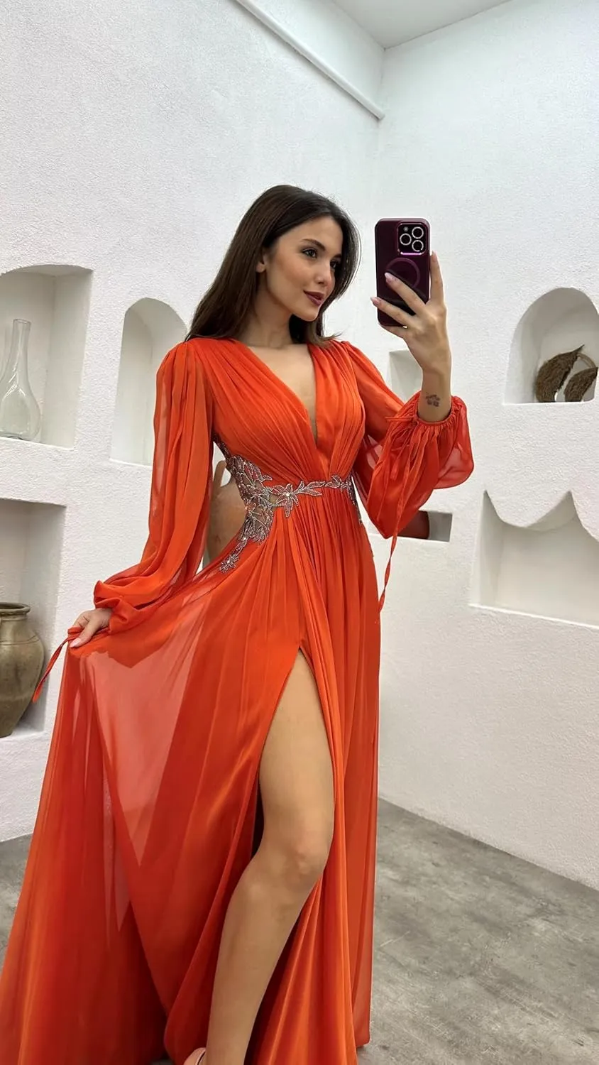 Yuxin Long Sleeve Bridesmaid Dresses with Slit V Neck Chiffon A Line Lace Pleated Formal Evening Gowns 978