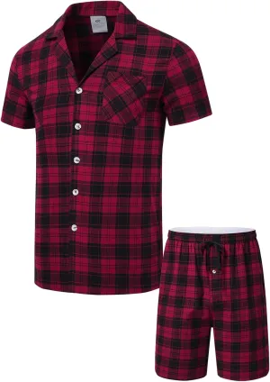 yuyangdpb Men's Pajamas Sets Shorts Woven Cotton Plaid Pj Set Button Down Sleepwear Short Set 2 Pieces with Pocket