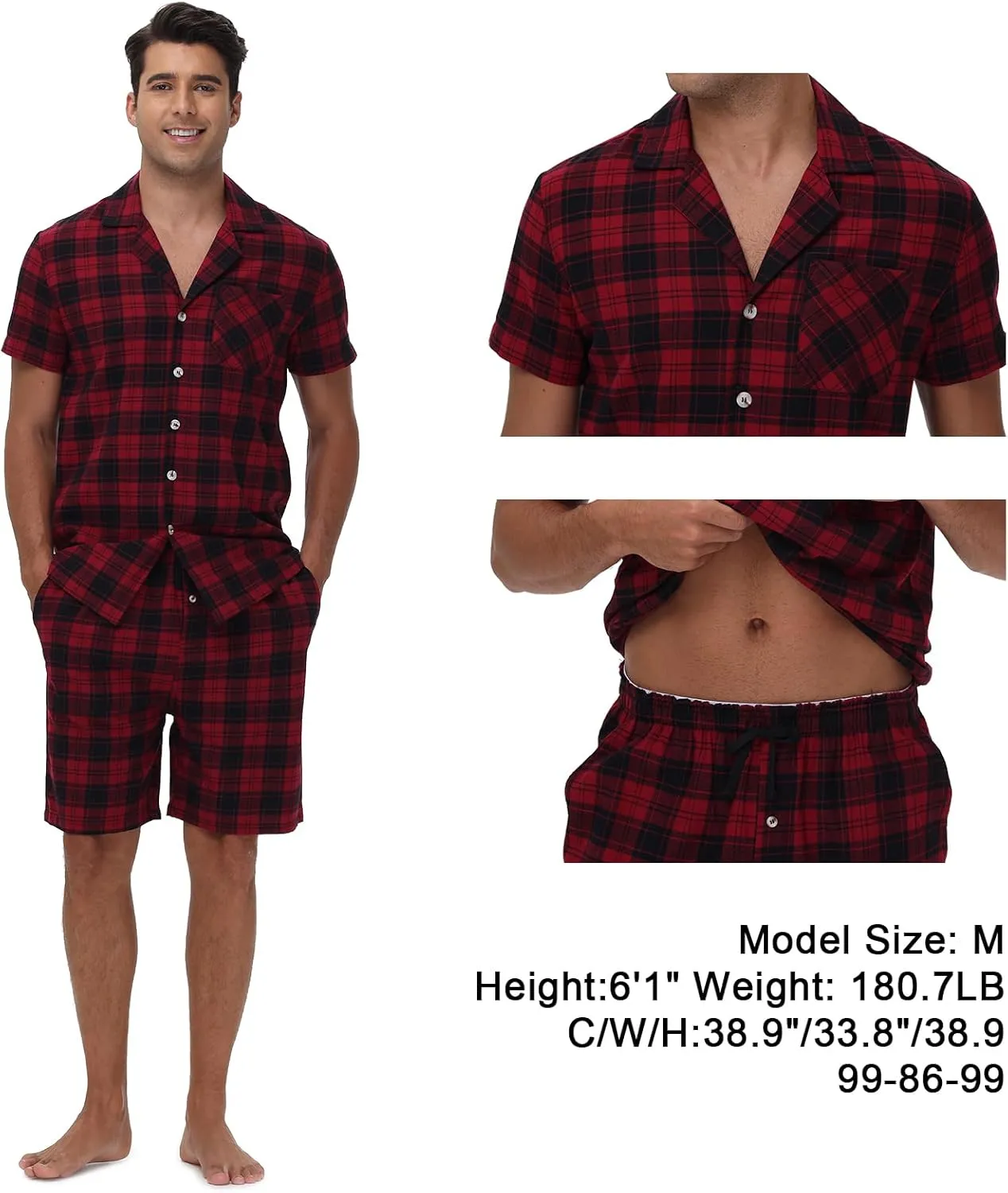 yuyangdpb Men's Pajamas Sets Shorts Woven Cotton Plaid Pj Set Button Down Sleepwear Short Set 2 Pieces with Pocket
