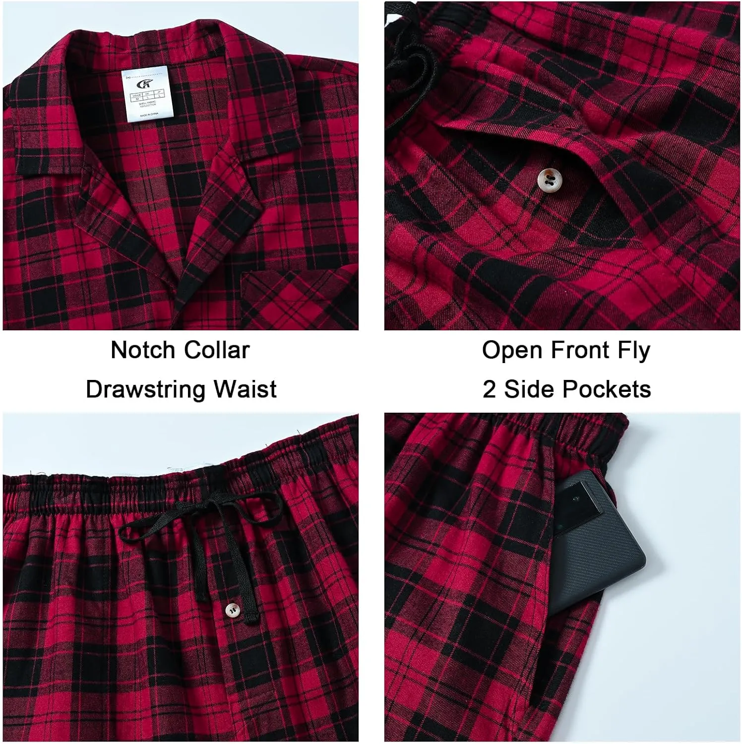 yuyangdpb Men's Pajamas Sets Shorts Woven Cotton Plaid Pj Set Button Down Sleepwear Short Set 2 Pieces with Pocket