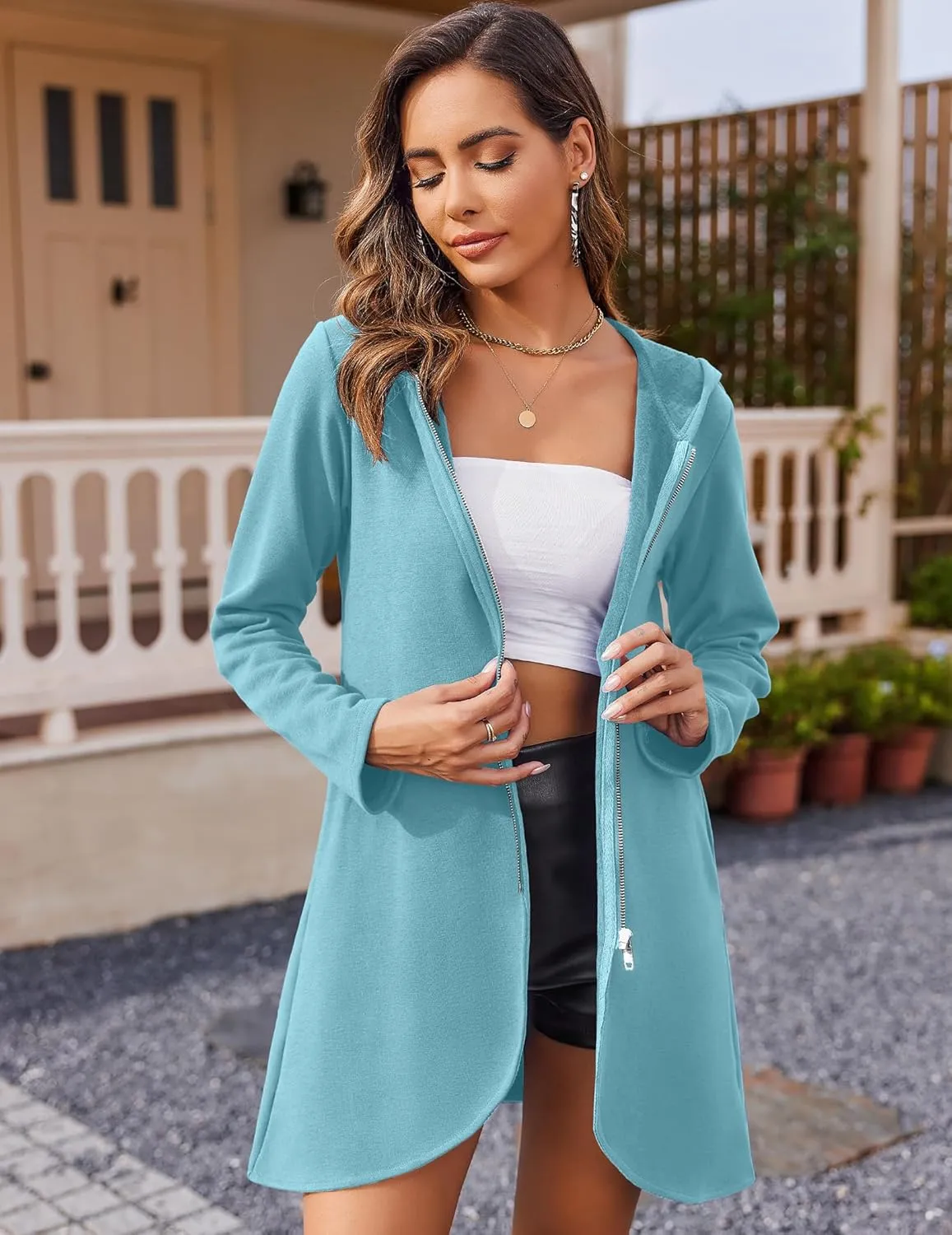 Zeagoo Women's Long Zip Up Hoodie Lightweight Oversized Tunic Sweatshirt Open Front Cardigan Jacket with Pockets